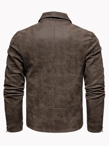 Men's dark brown faux leather biker jacket with vertical stitching and back zipper cuffs
