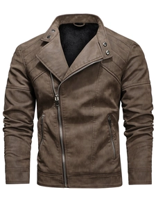 Men's PU Leather Motorcycle Jacket Stand Collar Asymmetric Zipper Faux Leather Biker Coat With Fleece Lining For Autumn Winter