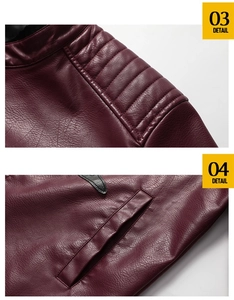 Detail view of burgundy PU leather jacket showing quilted shoulders and side pocket stitching