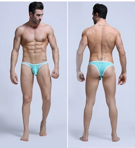 Front and back detail of light blue men's G-string with contoured pouch and white trim