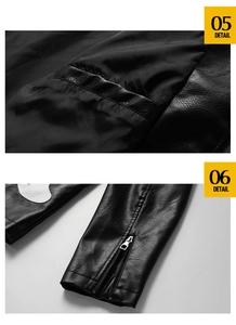 Detail of the inner lining, pocket stitching, and sleeve zipper of the black PU leather jacket