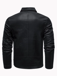 Men's black faux leather motorcycle jacket with stand collar and zipper detail back view