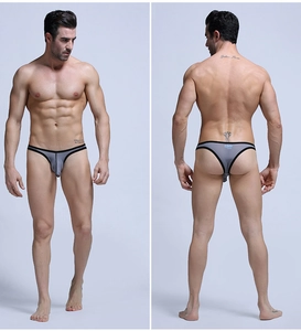 Front and back view of men's breathable gray and black mosaic g-string underwear