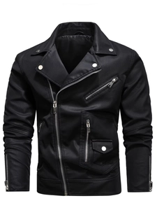 Men's black faux leather motorcycle jacket with asymmetric zipper and metal accents