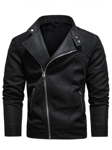 Men's black PU leather motorcycle jacket with diagonal zipper and quilted shoulder details