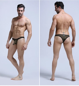Detail view of men's dark green mesh thong featuring a functional front pouch and T-back