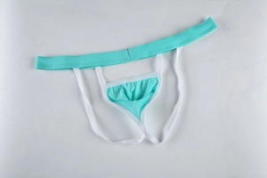 Detail of light blue men's ice silk jockstrap with wide white elastic waistband