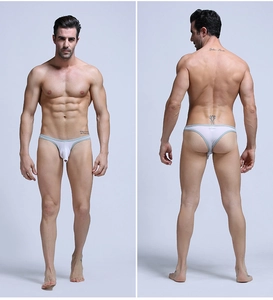 Front and back view of white men's G-string with grey trim and 3D pouch design
