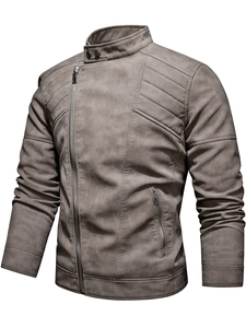 Men's gray PU leather motorcycle jacket with stand collar and diagonal zip closure
