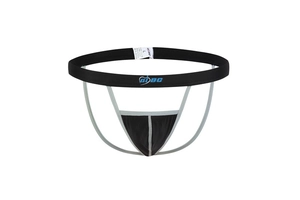 Close-up of men's ice silk jockstrap with elastic waistband and blue logo detail