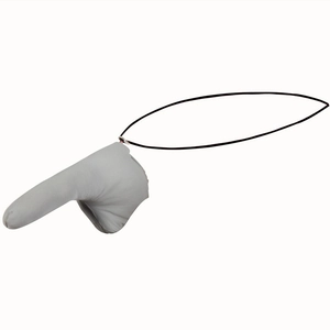 Detailed close-up of grey men's C-string thong with elastic pouch and black string