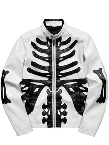 Men Skeleton Bone PU Leather Jacket Punk Rock Halloween Costume Biker Coat Stand Collar Contrast Color Outerwear