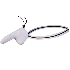 Funny white men's thong with novelty pouch, striped waistband and black drawstrings