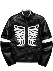 Men Biker PU Leather Jacket Stand Collar Embroidery Wings Bone Pattern Moto Coat Slim Fit Streetwear Outerwear For Men