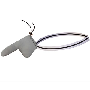 Detail view of grey men's thong featuring striped elastic waistband and adjustable drawstring