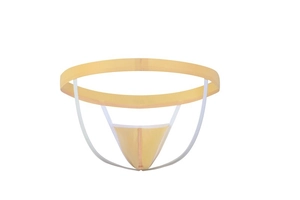 Detail of light yellow men's jockstrap showing wide elastic waistband and ergonomic U-pouch