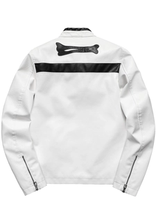 Men's white PU leather motorcycle jacket with black bone appliqué on back detail