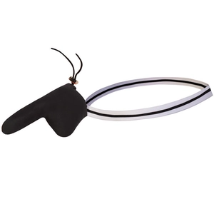 Detailed view of men's sexy black thong with elastic striped waistband and drawstring