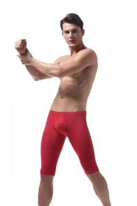 Close-up of red compression shorts for men in high-stretch ice silk performance fabric