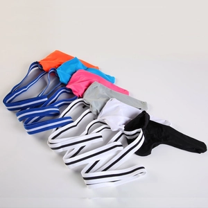 Men's jockstrap underwear collection featuring various vibrant colors and striped waistbands