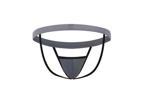 Close-up of grey ice silk men's thong with elastic waistband and lift-up design