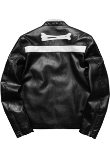 Men's black PU leather motorcycle jacket with white bone applique on the back