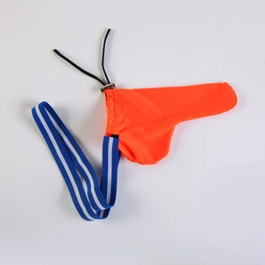 Detail of creative orange fabric pocket men's accessory with blue striped elastic band