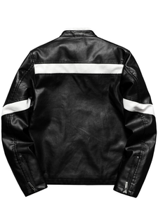 Mens faux leather motorcycle jacket with contrast back stripe and zip cuffs