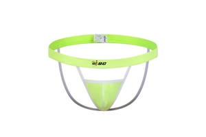 Detail view of neon green jockstrap featuring an ergonomic pouch and wide elastic waistband