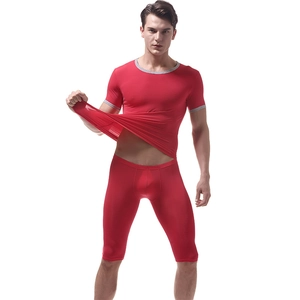 Red men's ice silk short sleeve T-shirt and shorts set with high elasticity