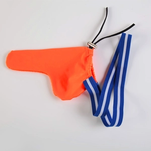 Orange athletic jockstrap for men featuring adjustable drawstring and blue striped straps