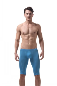 Close-up of sky blue men's ice silk compression shorts showing fabric texture