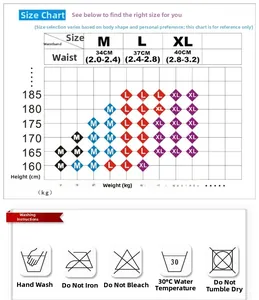 Size chart showing waist measurements and height-weight guide for men's ice silk thongs