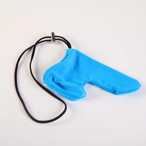 Detail of blue breathable men's thong with black elastic drawstring and metal buckle