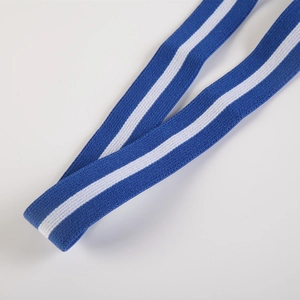 Macro shot of blue and white striped elastic fabric with detailed knitted texture