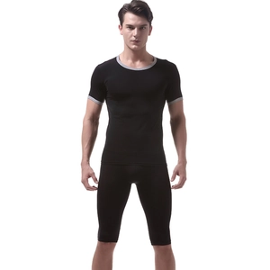 Men's ice silk sport set detail showing black compression t-shirt with grey trim and leggings