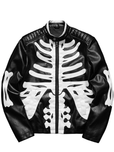 Men's black PU leather biker jacket with white skeleton bone print for Halloween cosplay