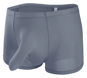 Detailed view of men's blue-gray ice silk boxer briefs with ergonomic long U-pouch design