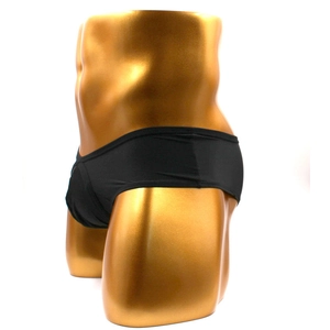 Detailed side view of black men's low-rise nylon briefs on a gold fashion mannequin
