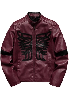 Men's burgundy PU leather jacket with embroidered motor wings and a stand collar