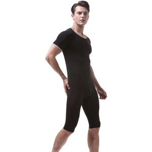Close-up of men's black ice silk sports set with grey contrast piping and high elasticity