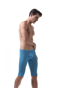 Side view of men's blue ice silk stretch compression shorts with seamless waist design