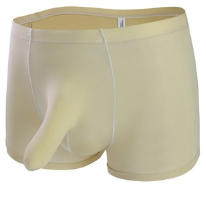 Macro shot of men's ice silk boxer briefs with 3D long pouch design in soft yellow