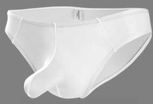 Detail showing high-quality white ergonomic bulging pouch and stitching of men's underwear