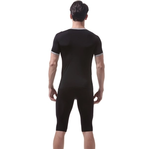 Rear view of men's ice silk short-sleeve shirt and tight shorts with grey contrast trim