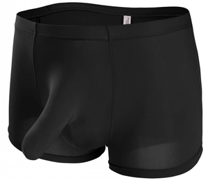 Detail view of men's black ice silk boxer briefs with 3D pouch design and waistband label