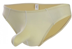 Detail of light yellow men's briefs with 3D pouch structure and elastic knit fabric