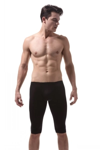 Close-up of black ice silk compression shorts showing high-stretch fabric and flat seams