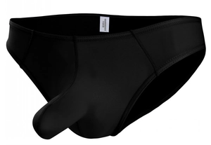 Detail view of black men's sexy briefs with 3D ergonomic pouch and white washing label