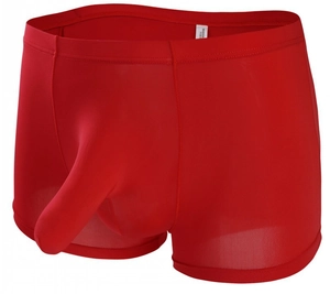 Detailed view of red ice silk boxer briefs with an ultra-long 3D elephant nose pouch design